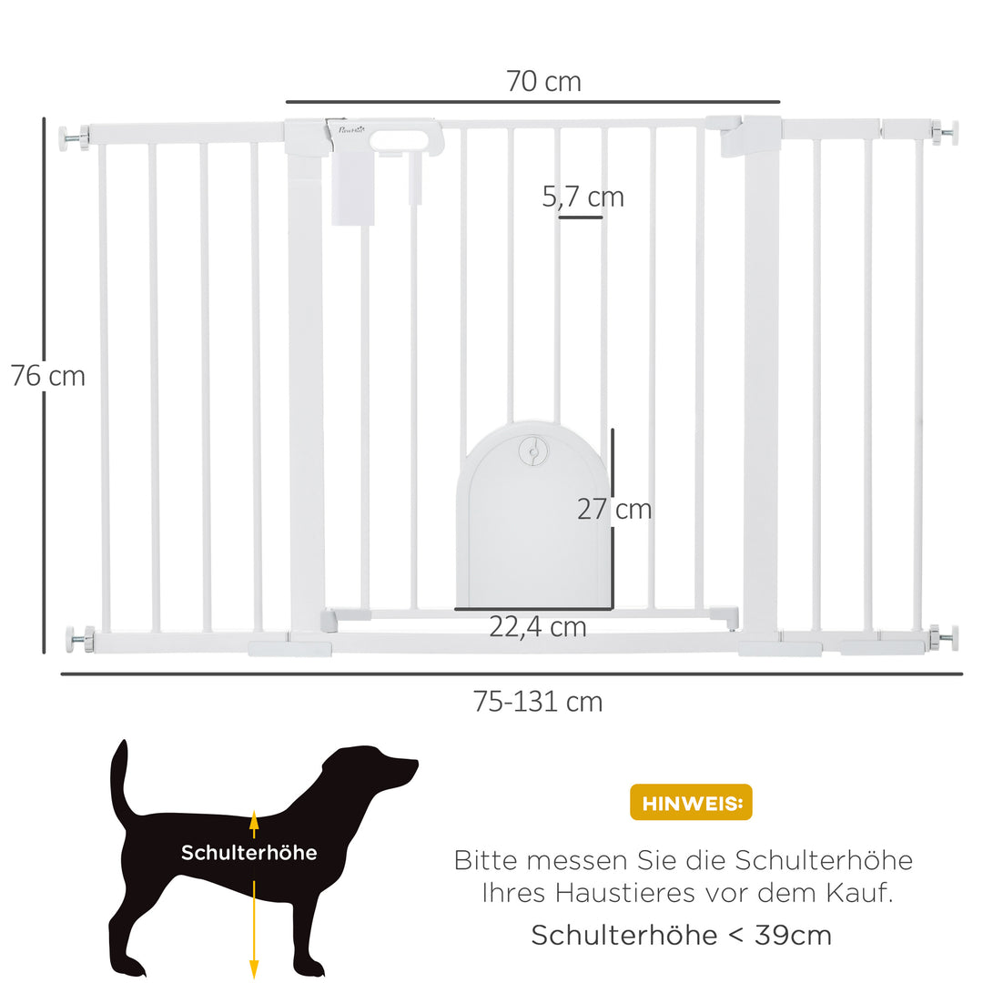 Dørsikkerhedslåge, trappesikkerhedslåge, hundebarrierer, kæledyrssikkerhedslåge, hundegitter, klemmemontering, metal, ABS, hvid, 75-131 x 76 cm