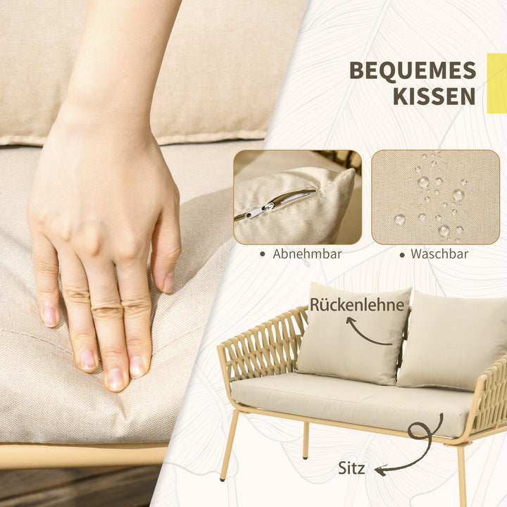 Havemøbelsæt med 4 dele, bord med glasplade, inklusive sædehynder, vejrbestandig, khaki