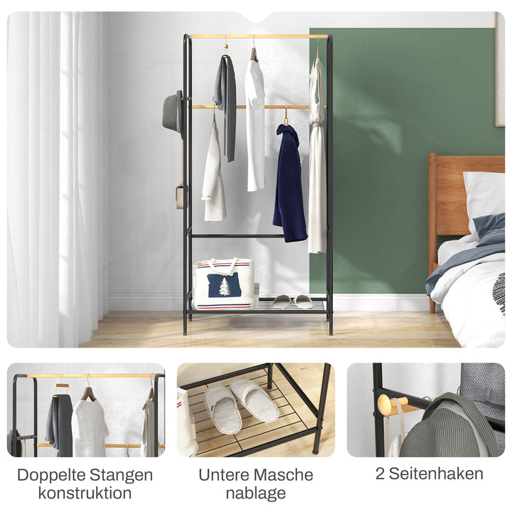 Tøjstativ, 2 tøjstænger, hylde og kroge, bambus/stål, sort