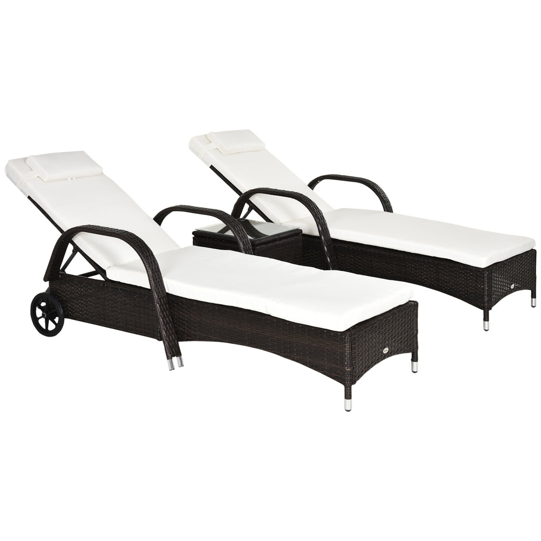Sæt med 3 liggestole, 2 havestole med sidebord, inklusive hynder, polyrattan, brun og cremehvid