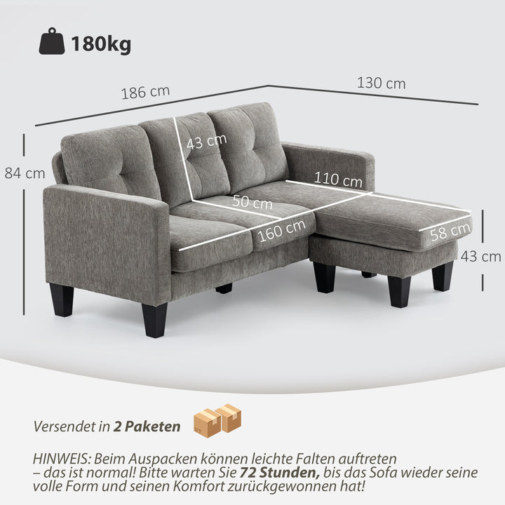 Hjørnesofa, hjørnesofa med vendbar chaiselong, L-formet sofa, polstring i linnedlook, 186 x 130 x 84 cm, brun