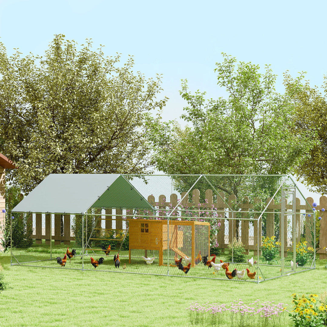 Hønsehus, fritgående indhegning til kyllinger, med uv-bestandig presenning, stålnet, automatisk foderautomat, til 18-24 kyllinger