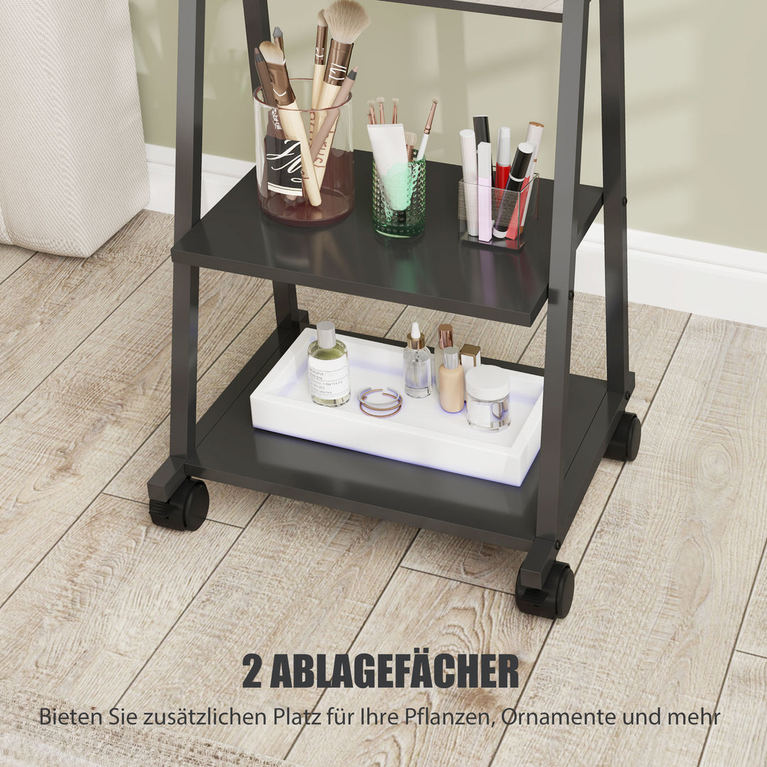 Rullespejl i fuld længde med 2 hylder og 4 hjul, til soveværelse, stue, entré, sort