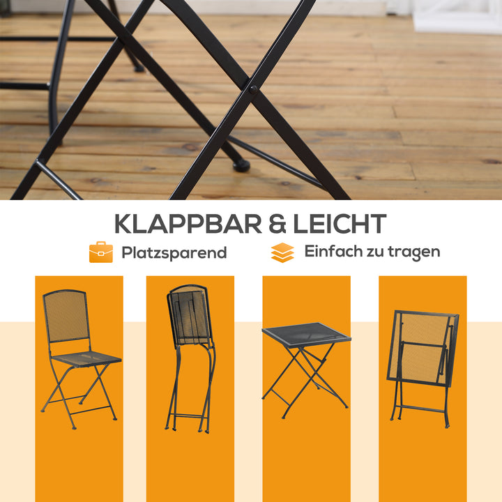 Havesiddegruppe til 2 personer bistrosæt 1 bord + 2 foldbare stole til terrasse altan metal grå