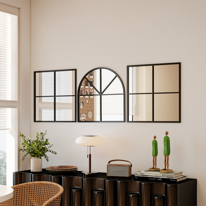 Vægspejl med tredelt buet spejl og metalramme, dekorativt 60 x 2 x 180 cm sort