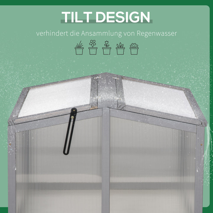 Koldrammedrivhus, koldrammeplantebed med overdækning af træ og polycarbonat, vejrbestandig, lysegrå, 90 x 80 x 58 cm