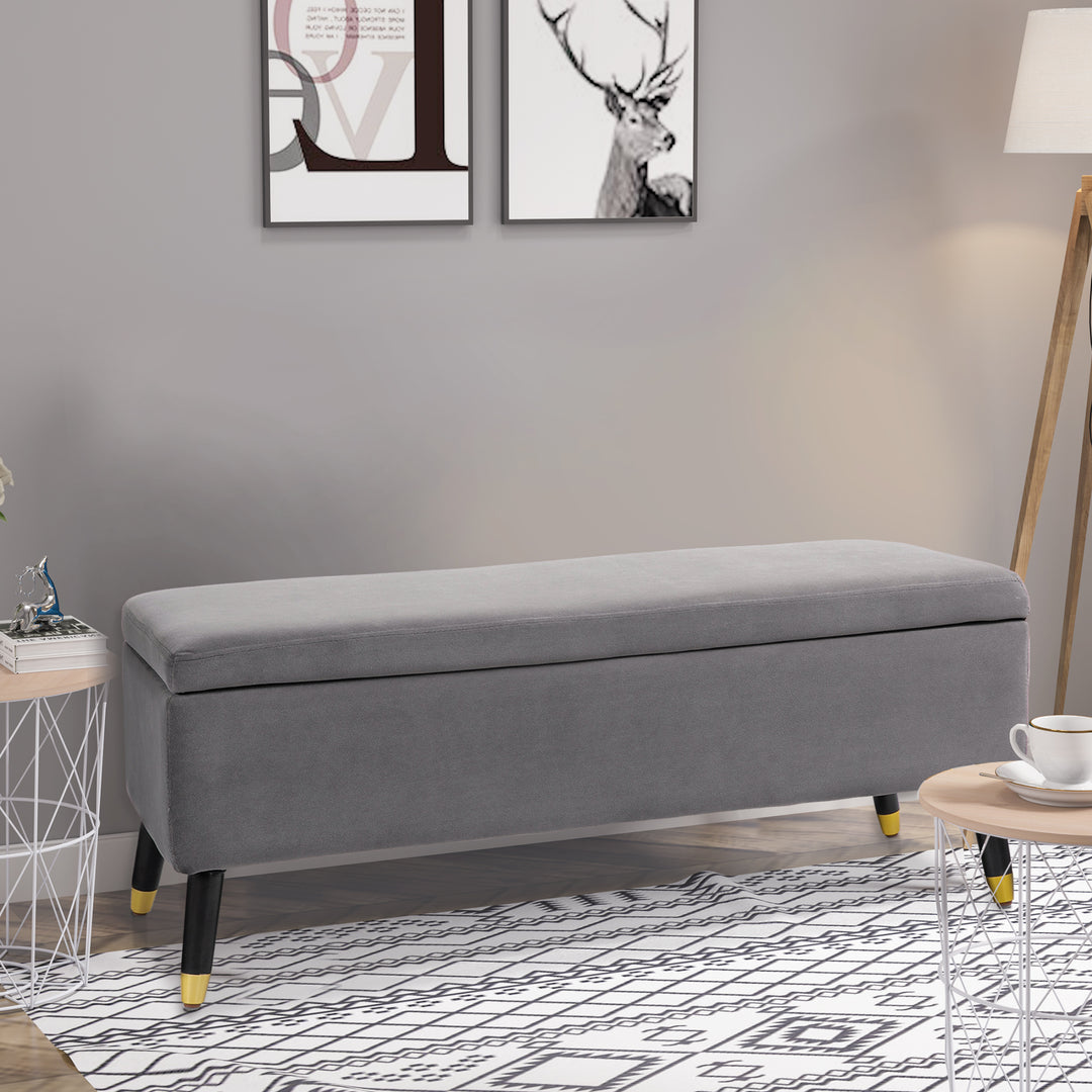 Bænk, polstret bænk med opbevaringsplads, kommodebænk, metal, skum, gummitræ, trækulsgrå, 110 x 43 x 45 cm