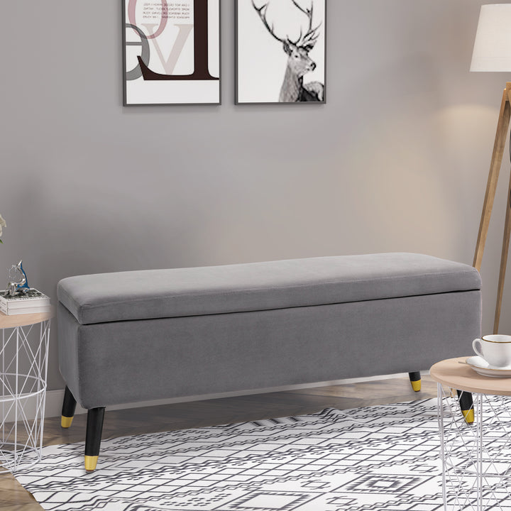 Bænk, polstret bænk med opbevaringsplads, kommodebænk, metal, skum, gummitræ, trækulsgrå, 110 x 43 x 45 cm