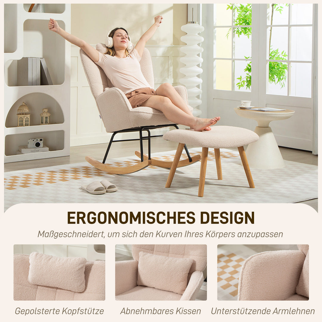 Gyngestol med fodskammel, blødt fleecebetræk, træben, hynde, høj ryg, gyngestol, beige