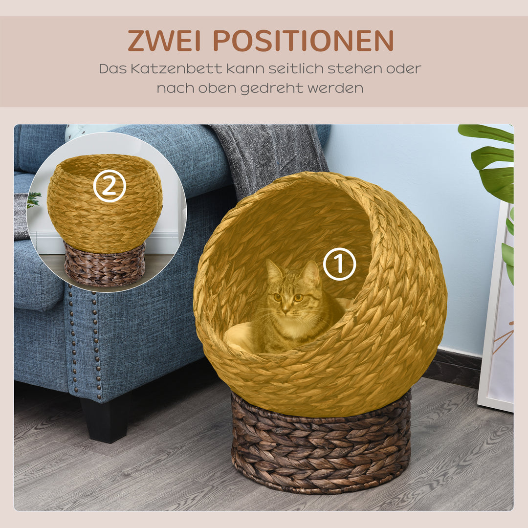 Vandhyacint kattekurv med pude, katteseng, kæledyrsseng, 50 cm x 42 cm x 60 cm, brun + beige