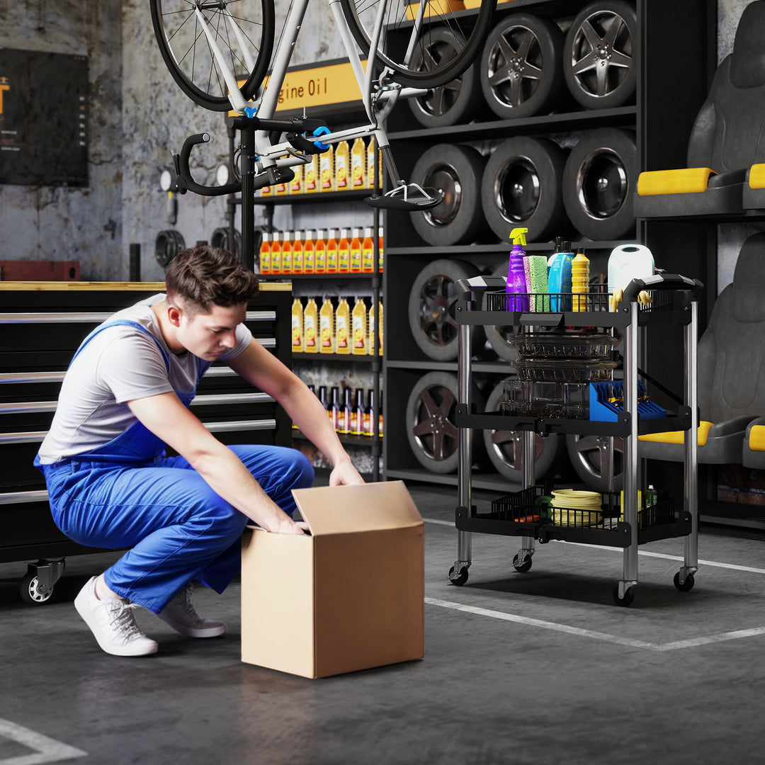 Værktøjsvogn, sammenklappelig 3-lags værktøjsvogn, plast, stål, sort