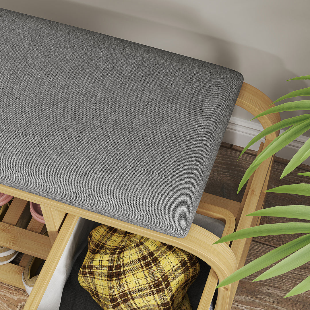 Skobænk med hylder, skoopbevaringsbænk, bambus, polstret sæde, grå