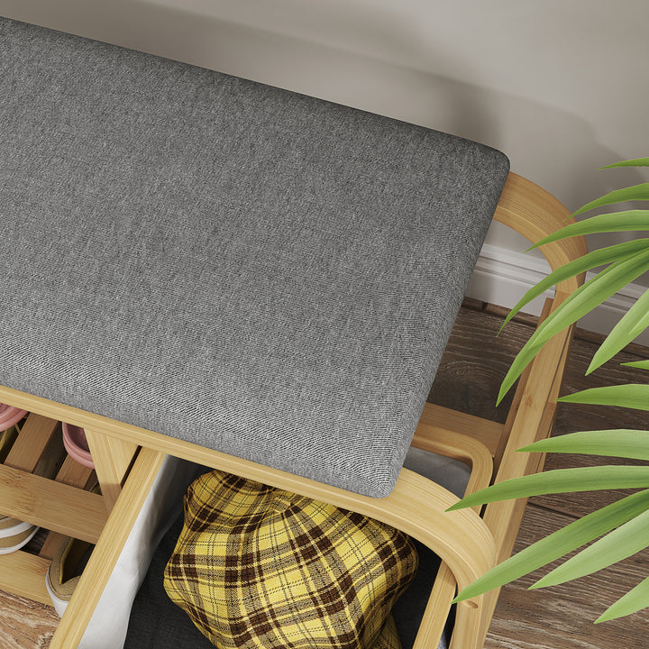 Skobænk med hylder, skoopbevaringsbænk, bambus, polstret sæde, grå