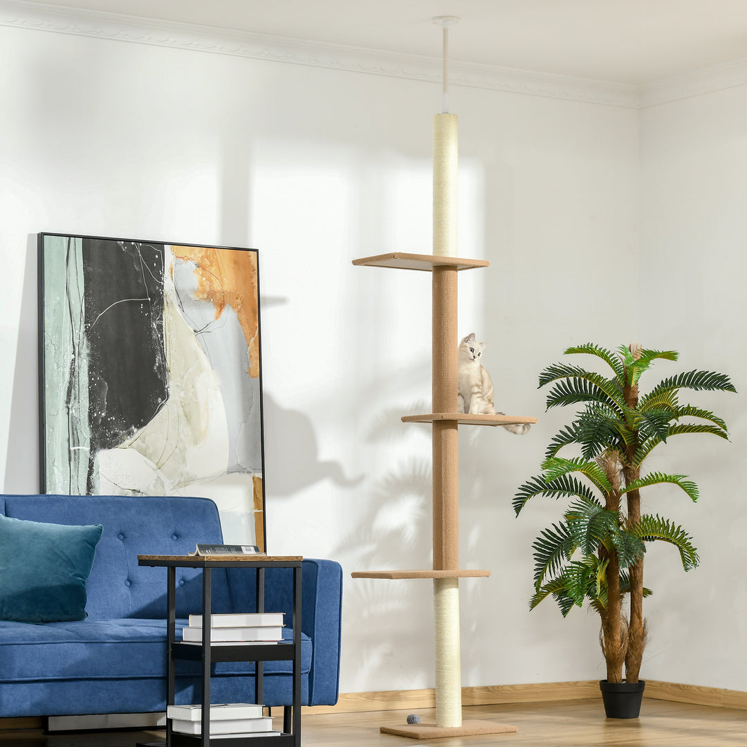 Kradsetræ med loftshøjde, 228-260 cm højdejusterbart kradsetræ, klatretræ til katte med 3 niveauer, kradsetræ til katte, legetræ fra gulv til loft, khaki