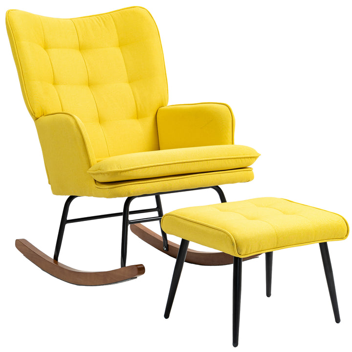 Gyngestol med fodskammel skandinavisk design gyngestol med fodskammel, bøgetræ, quiltet, 64 cm x 89 cm x 90 cm gul