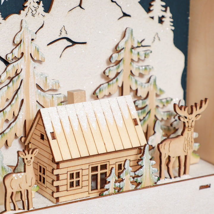 Led-julekalender med landsbyscene, 24 store skuffer, mdf, 34 x 7 x 34 cm, rød