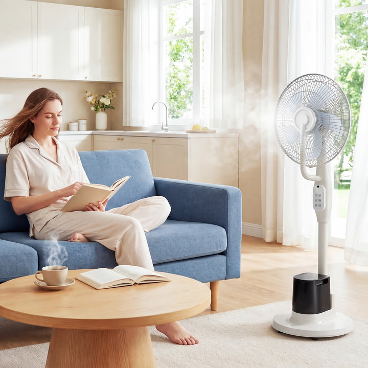 Stående ventilator med dugfunktion, 70° oscillation, 3 hastigheder, 3 tilstande, 3,5L vandtank, hvid