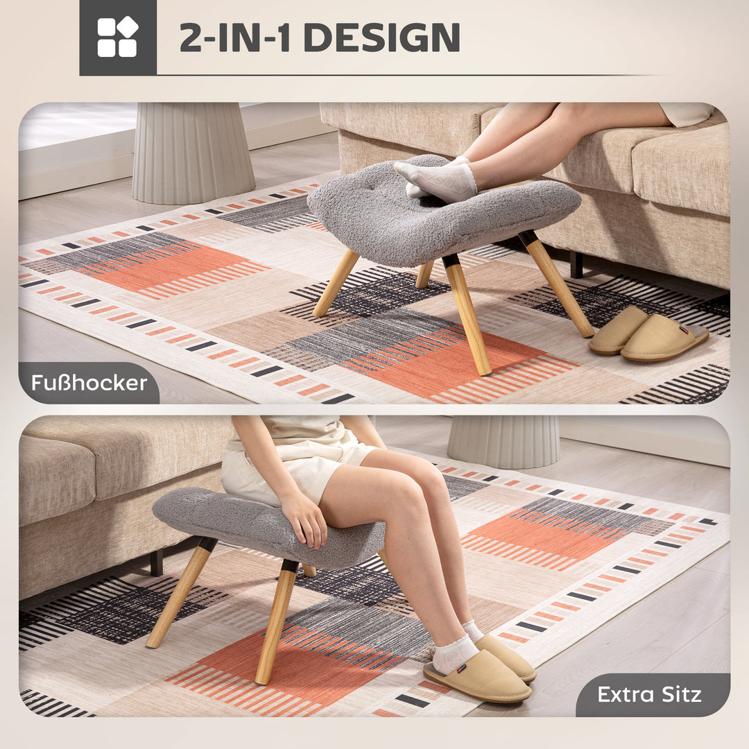 Moderne fodskammel med fleecebetræk og træben, polstret, til stue, soveværelse, entré, lysegrå