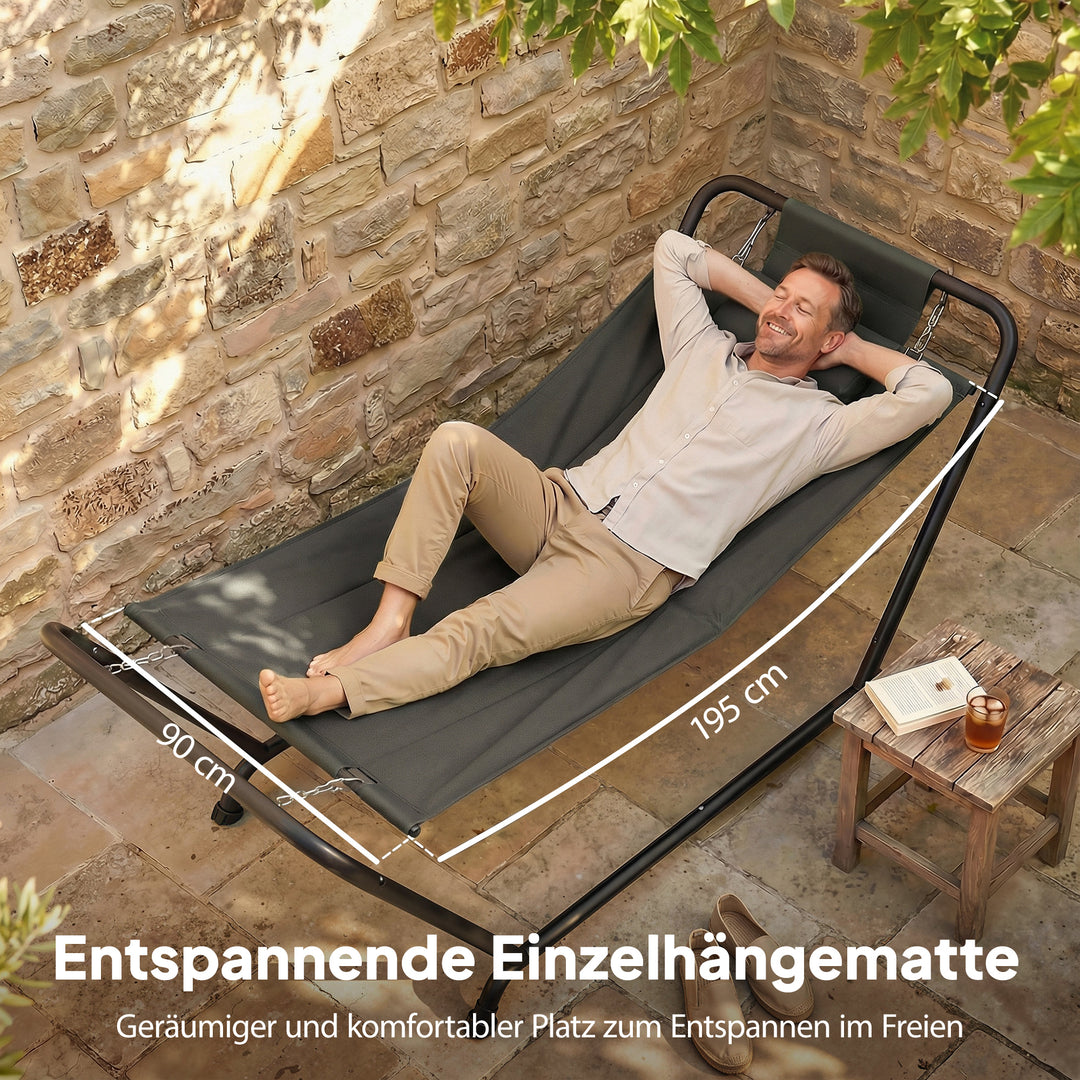 Hængekøje med stativ 237 x 90 cm, hængekøje med sprederbøjle og sidelomme, nakkestøtte, metalramme, op til 150 kg