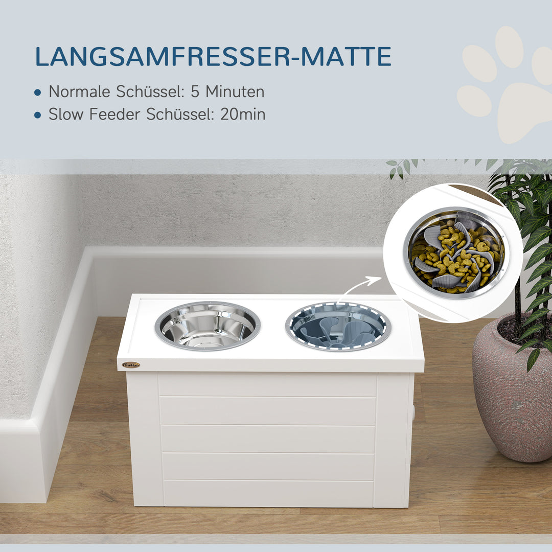 2-I-1 hævet hundeskål, højdejusterbar foderskål med stativ, 2 x 2l skåle i rustfrit stål, hvid