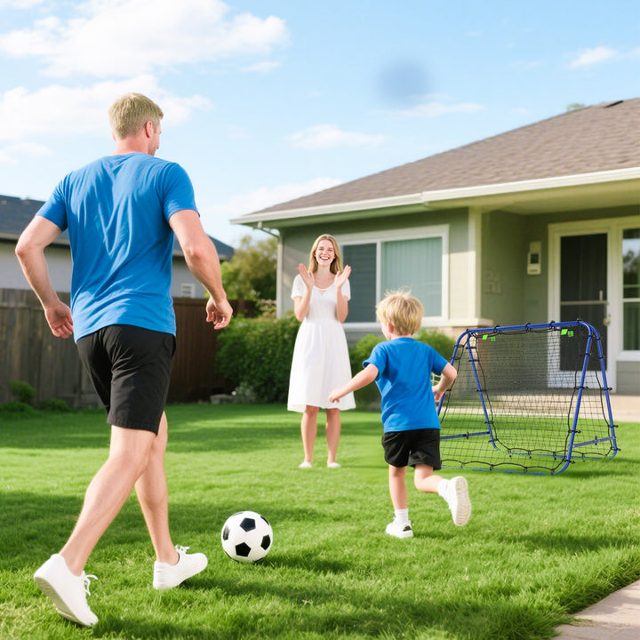 Dobbeltsidet rebounder til fodbold, justerbar reboundvæg med 5 vinkelpositioner, 100 x 68-95 cm kickback-mål til ungdom, reboundvæg til håndboldtræning, blå