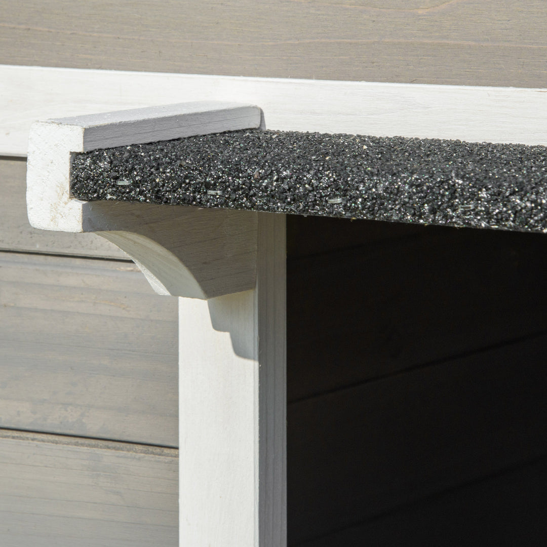 Trækattehus, vintertæt, vandtæt, kattehus med asfalttag, terrasse, kattehule, kattekasse, udendørs ly til udendørs brug, have, balkon, 115 x 66,5 x 74,7 cm, grå + hvid