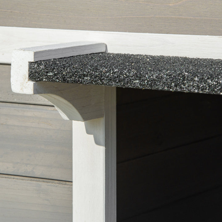 Trækattehus, vintertæt, vandtæt, kattehus med asfalttag, terrasse, kattehule, kattekasse, udendørs ly til udendørs brug, have, balkon, 115 x 66,5 x 74,7 cm, grå + hvid