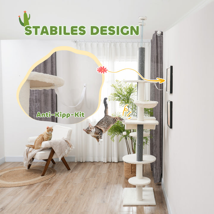 Kradsetræ, lofthøjde, justerbar 225-255 cm, platforme og hængekøjer, anti-tippe, hvid