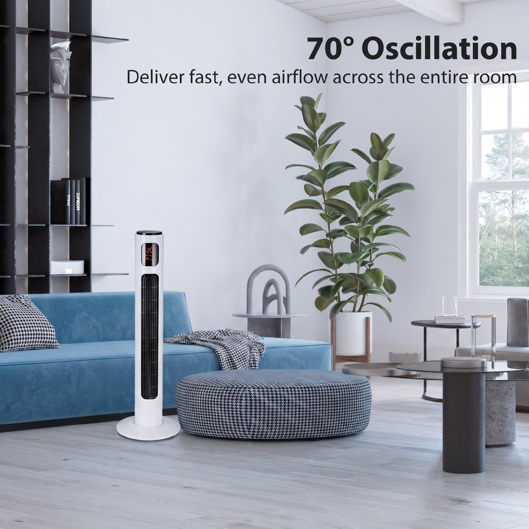 Tårnventilator med fjernbetjening, 96 cm søjleventilator, 45 W standerventilator med LED-display, 70° oscillation, 3 tilstande, timer, 3 hastigheder, hvid