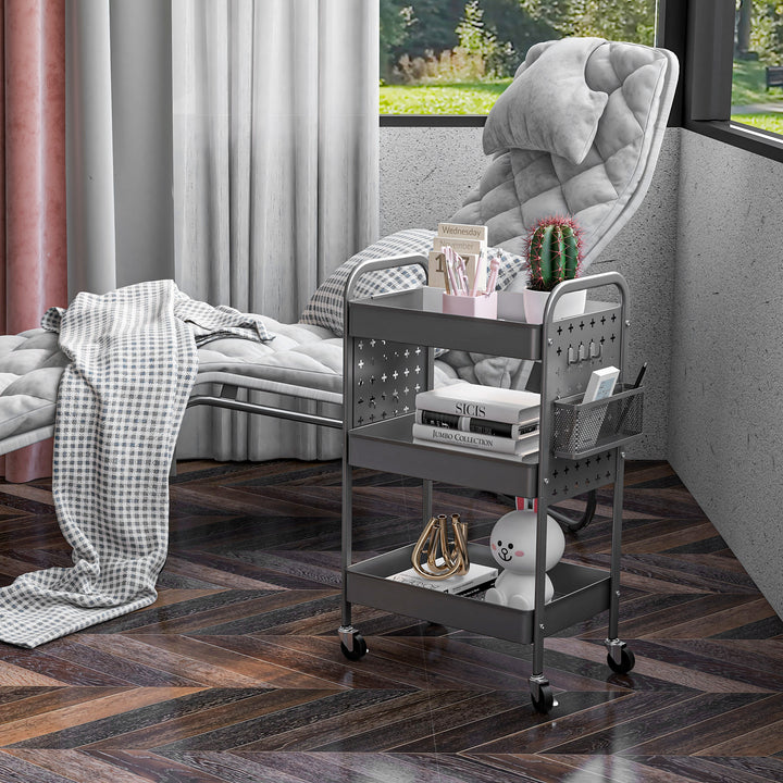 Køkkenvogn til flere formål, 3 hylder, 4 hjul, 53,5 cm x 30,5 cm x 75 cm, grå