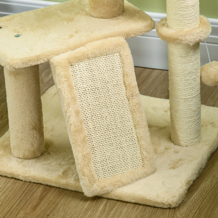 Kradsetræ med kattehule, liggeplatform, legebold, 45x40x116 cm, brun/beige