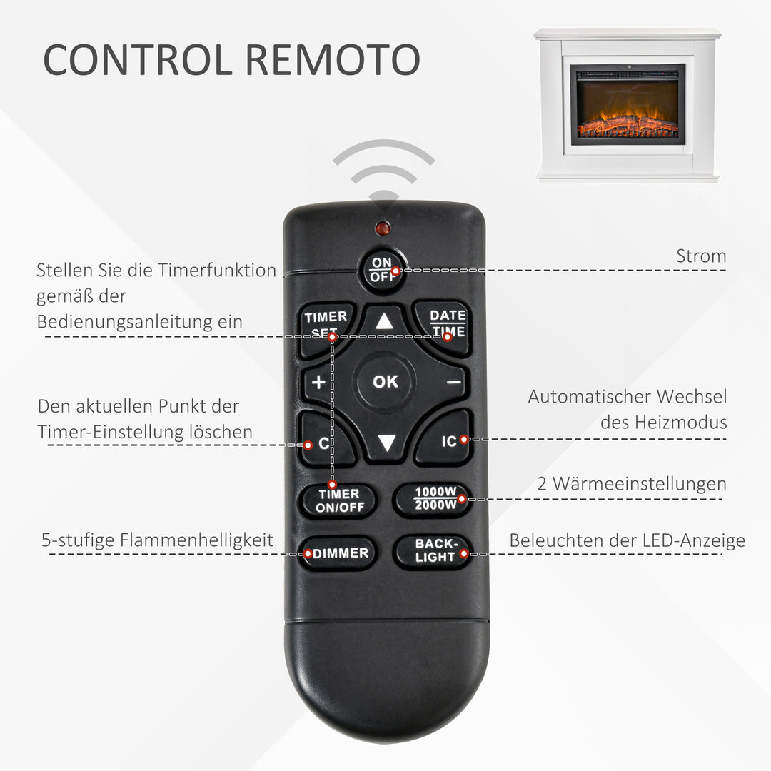 Elektrisk fritstående pejs med varmelegeme, adaptiv startfunktion, fjernbetjening, pejs med timer, overophedningsbeskyttelse
