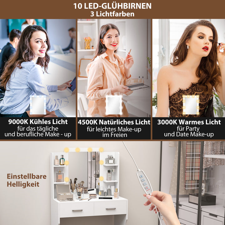 Toiletbord med spejl og dæmpbare led-lys, skuffer, hylder, hvid