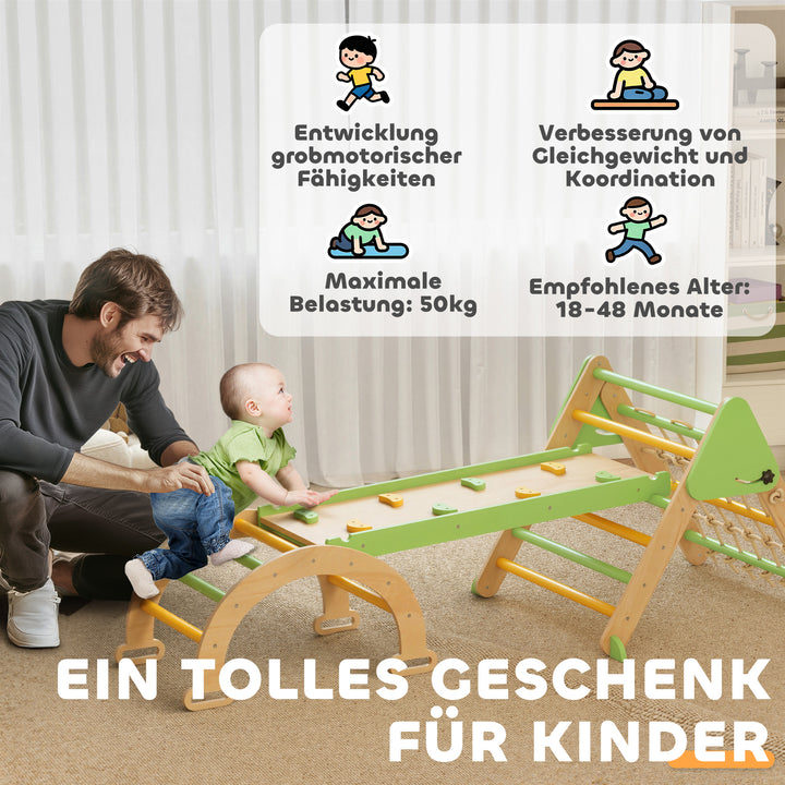 8-i-1 Montessori indendørs klatrestativ, træklatretrekant med klatrebue, dobbeltsidet rutsjebane, grøn