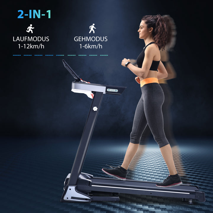 Foldbart løbebånd med 12 programmer og mobiltelefonholder 71 x 128 x 122 cm stål sort
