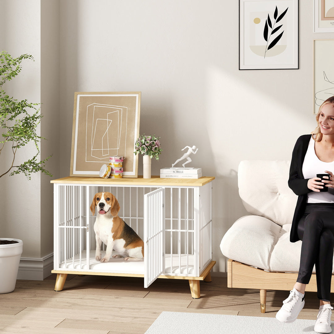 Hundebur med låsbar dør, aftagelig hynde, god ventilation, stål, 86x60x70 cm, hvid+grå