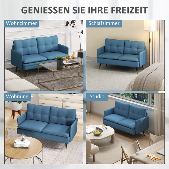 2-Personers sofa i retrodesign, med knapsyninger, sofa, linnedlook, mørkeblå