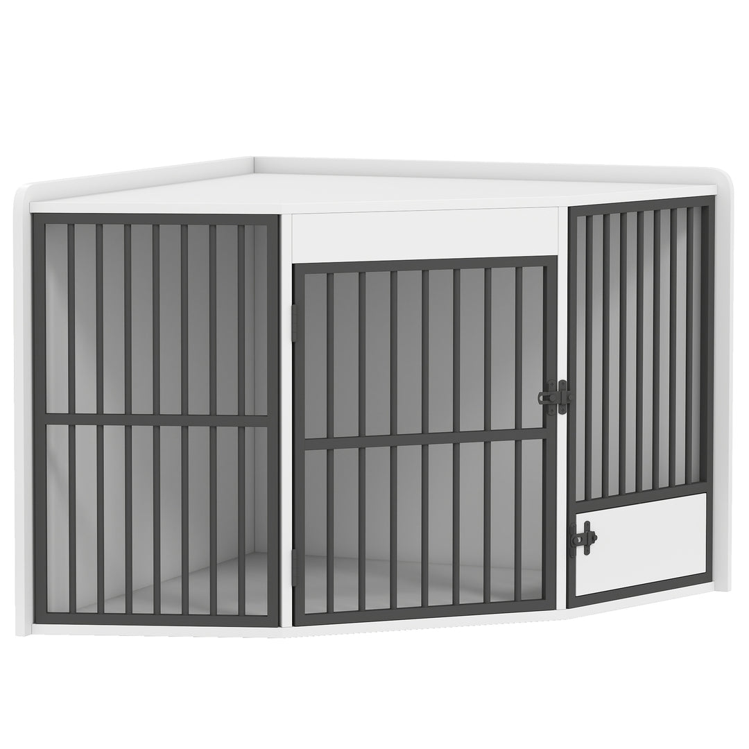Hundebur, hundegård til små og mellemstore hunde, kæledyrsbur, foderlåge, MDF, metal, hvid