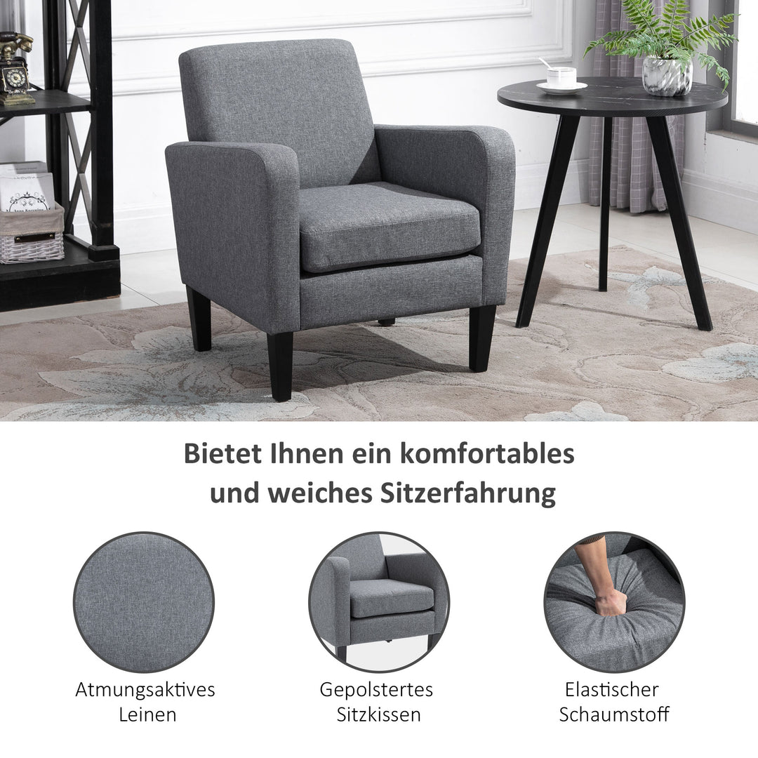 Enkelt lænestol, afslappende stol, polstret stol med træben, stof med hørlook, 66 x 72 x 74 cm, lysegrå