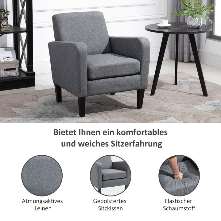 Enkelt lænestol, afslappende stol, polstret stol med træben, stof med hørlook, 66 x 72 x 74 cm, lysegrå