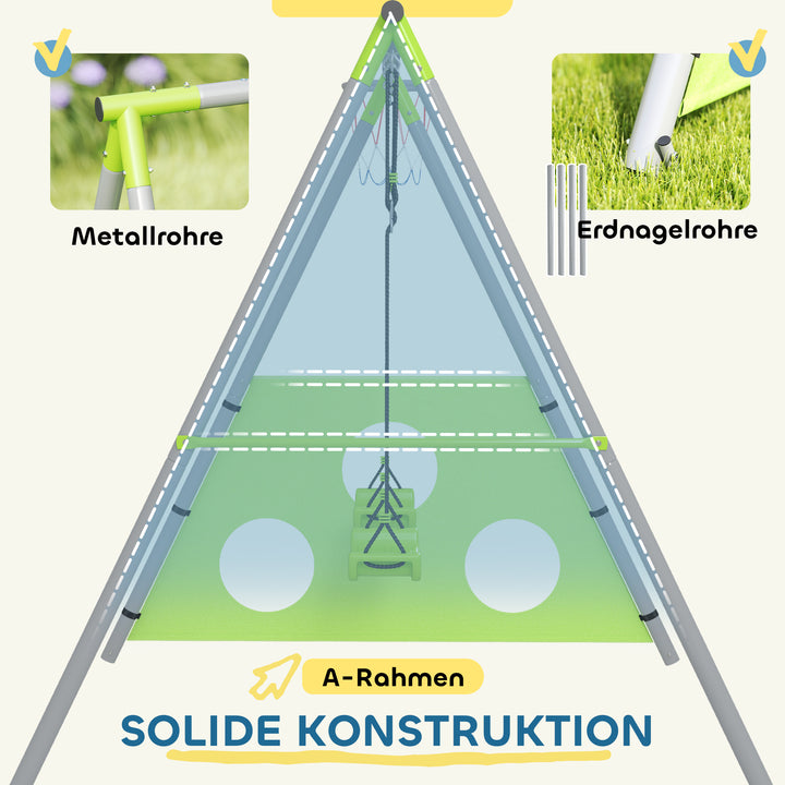 Gyngesæt til børn, 2 gyngesæder, 1 basketballkurv, 1 fodboldmål, metalramme, grøn
