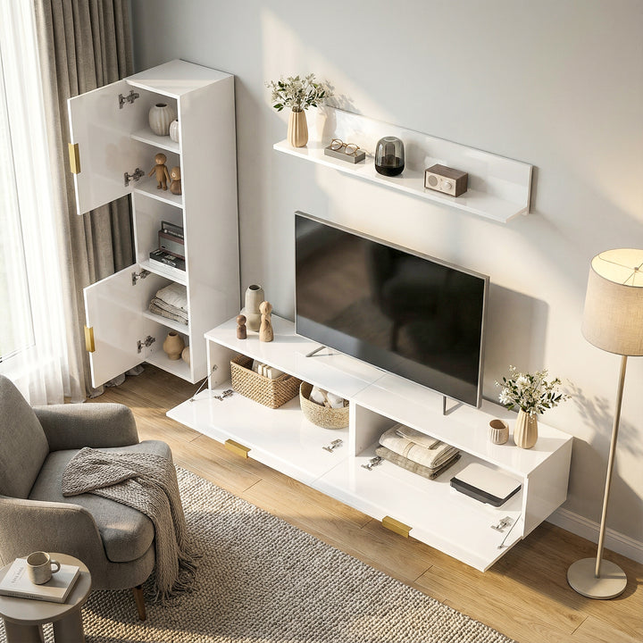 Svævende TV-bord med hængslede døre, underholdningscenter, væghylde, skab, 180 cm, hvid højglans