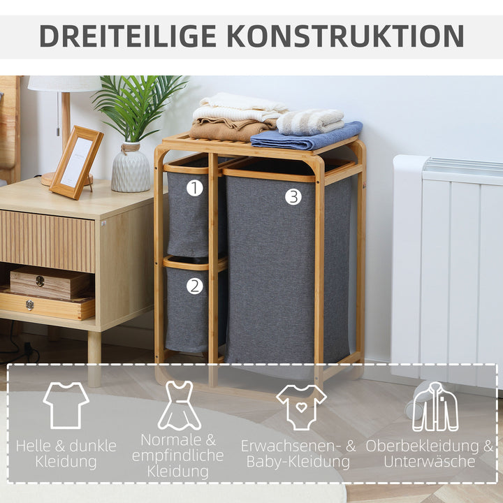 Bambus vasketøjskurv, 3 udtagelige kurve, 50 cm x 32 cm x 69,7 cm, naturgrå
