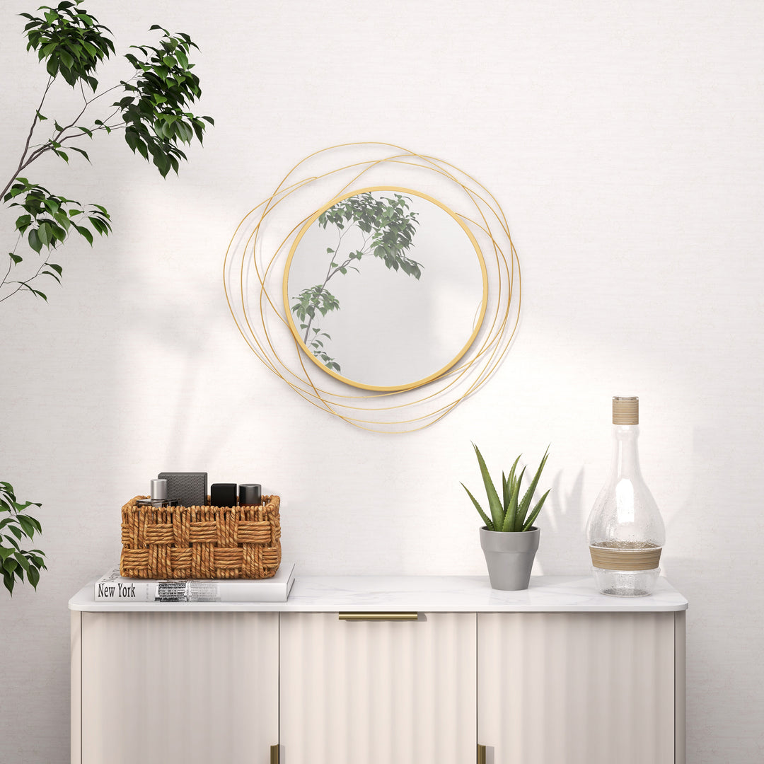 Vægdekoration, rundt vægspejl, metalramme, Ø65 cm, farve: guld