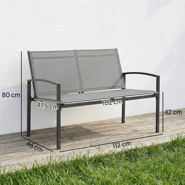 2-personers havebænk, vejrbestandig metalbænk til udendørs brug med åndbart sæde, buede armlæn, 112 x 66 x 80 cm, grå