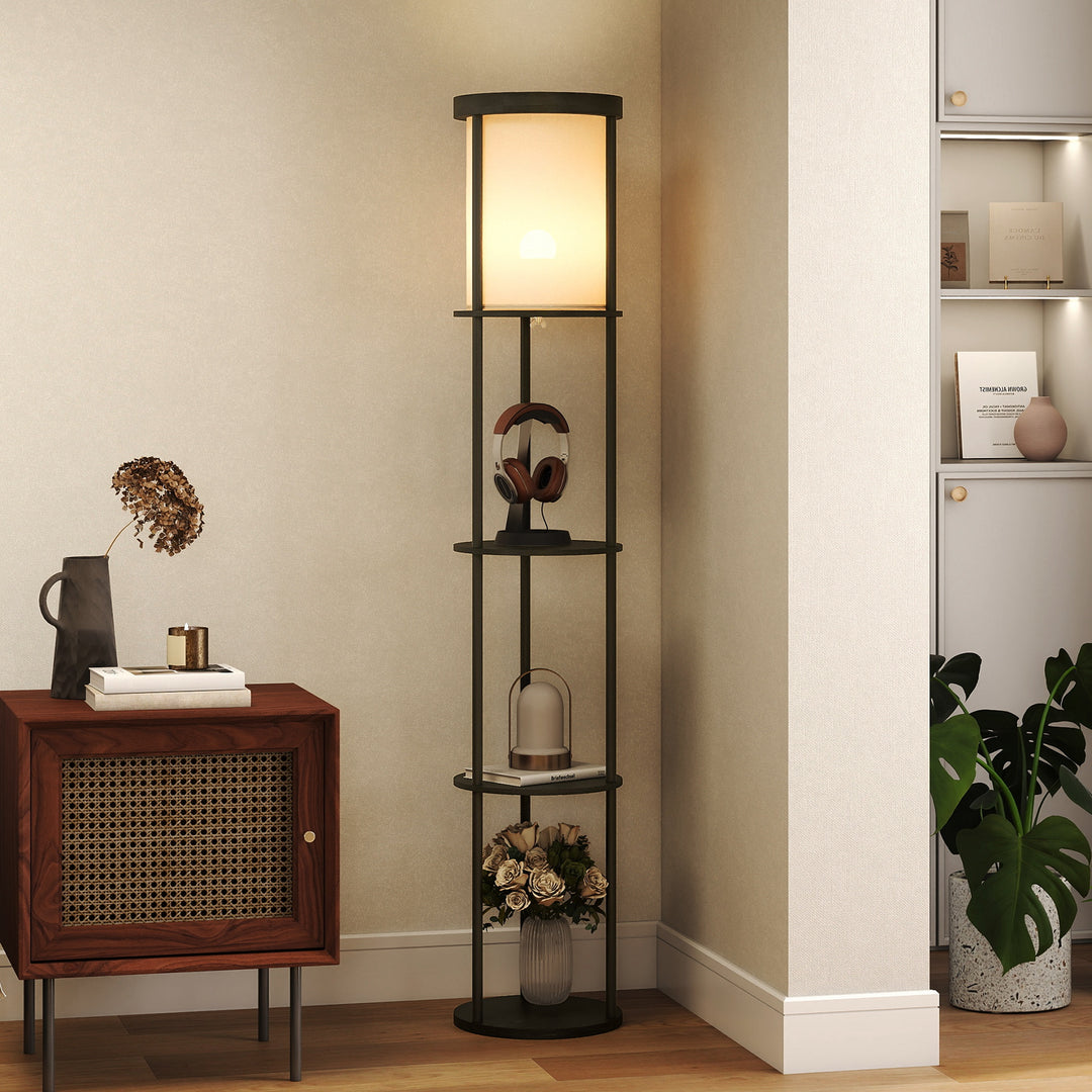 Gulvlampe med 3 hylder, rundt design, fjernbetjening, fodkontakt, justerbar lysvarme, til stue, sort