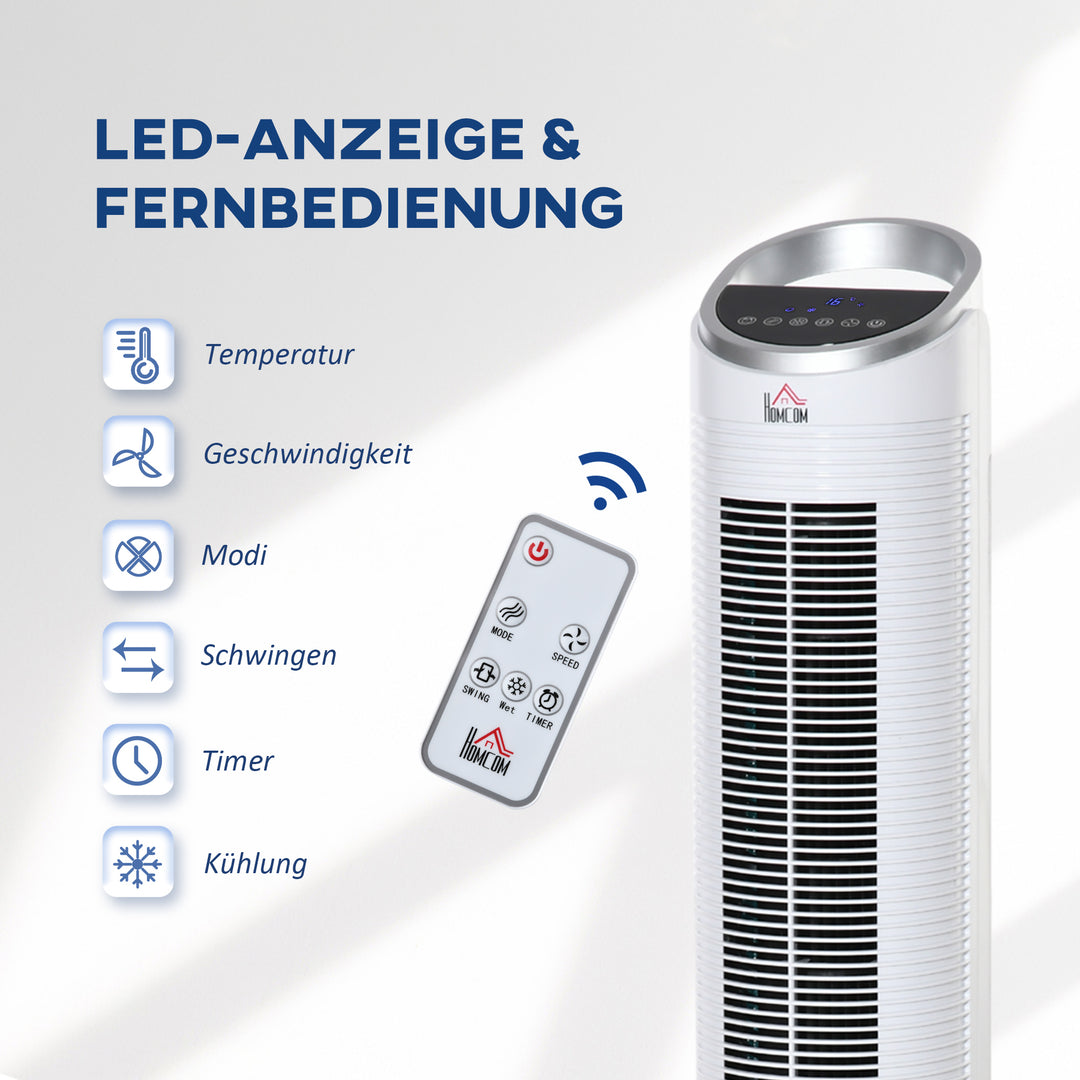 Tårnventilator med vandkøling og fjernbetjening, 60W, 20㎡ (30 cm x 30 cm x 100,8 cm), 3 tilstande, hvid