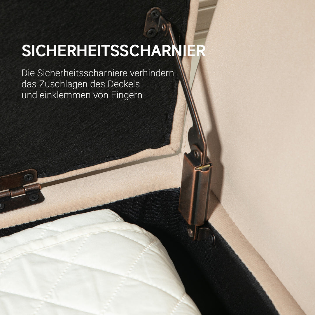 Polstret bænk med opbevaring, armlæn, fløjlspolyester, gummitræ, 107 x 42 x 65 cm, beige