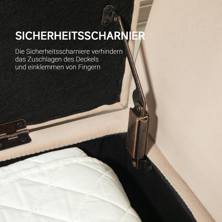 Polstret bænk med opbevaring, armlæn, fløjlspolyester, gummitræ, 107 x 42 x 65 cm, beige