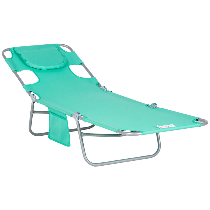 Havestol, liggestol med polstret ansigtsåbning, udendørs massagebord, sidelomme, stof, metal, grøn